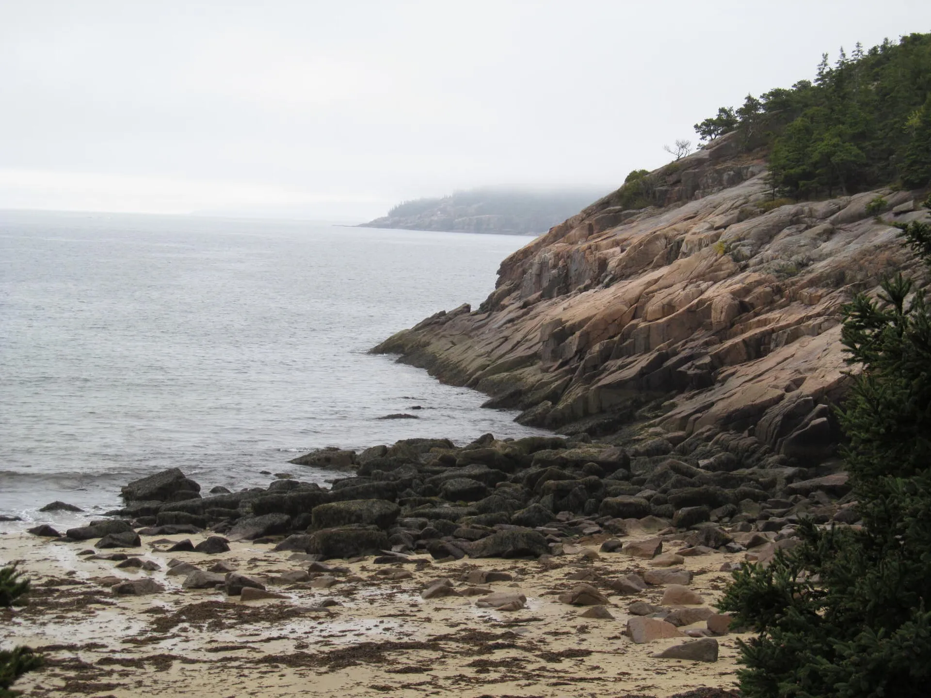 Sand Beach under fog, with the pink granite headland behind. NPS gives the water as 50-60°F and there are no lifeguards, which the grey water here makes plain enough.